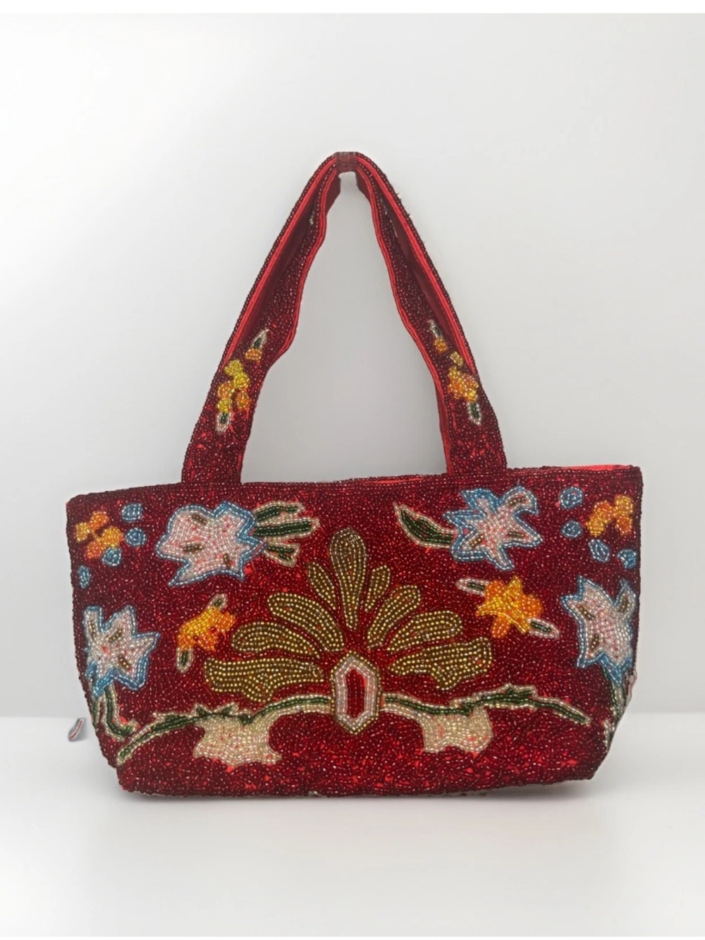 Vintage Red Beaded Floral Design Handbag Designer New York Swee Lo